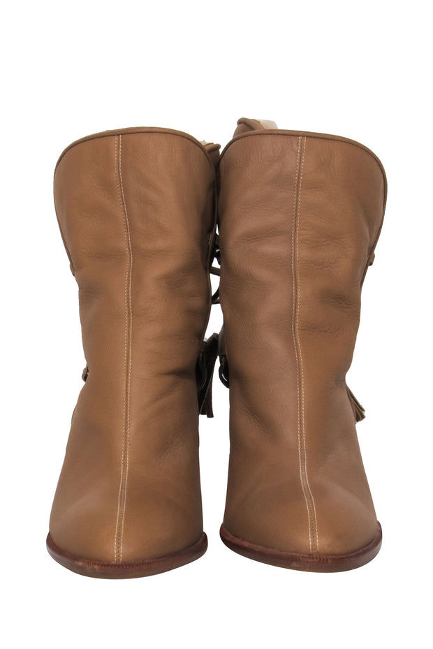 Current Boutique-Chanel - Tan Leather Heeled Boot w/ Fuzzy Lining Sz 8
