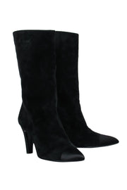 Current Boutique-Chanel - Cap Toe Mid-Calf Black Suede Boots w/ Embroidery Sz 8