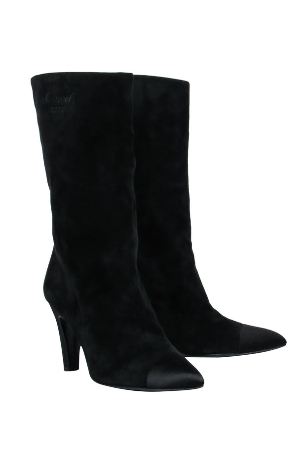 Current Boutique-Chanel - Cap Toe Mid-Calf Black Suede Boots w/ Embroidery Sz 8