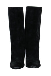 Current Boutique-Chanel - Cap Toe Mid-Calf Black Suede Boots w/ Embroidery Sz 8