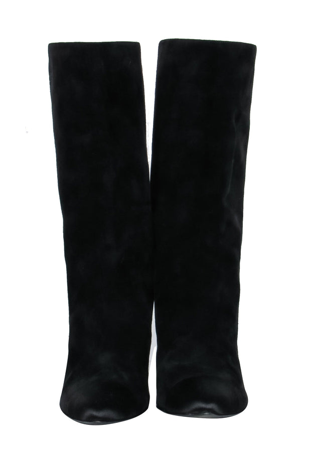 Current Boutique-Chanel - Cap Toe Mid-Calf Black Suede Boots w/ Embroidery Sz 8