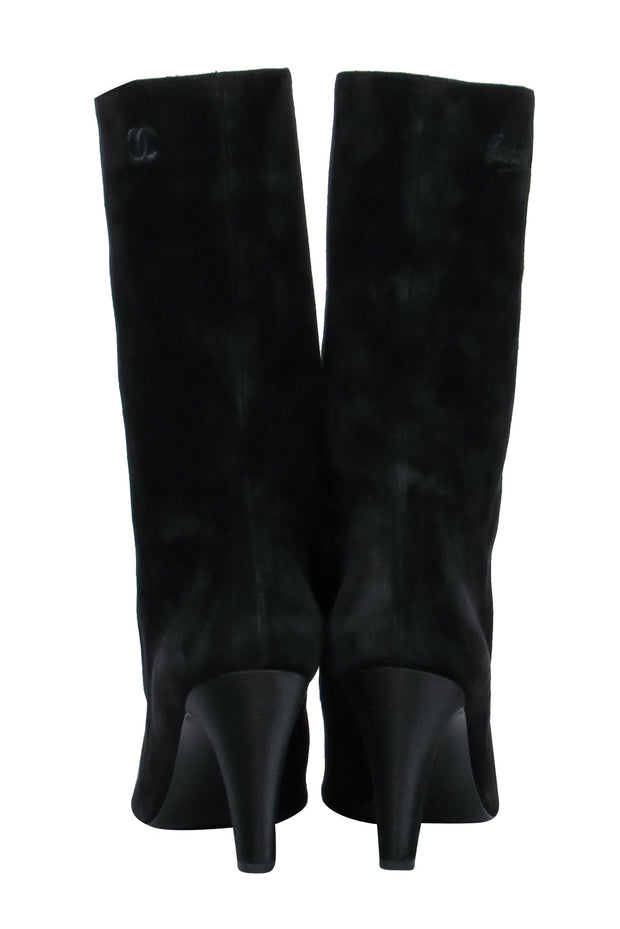 Current Boutique-Chanel - Cap Toe Mid-Calf Black Suede Boots w/ Embroidery Sz 8