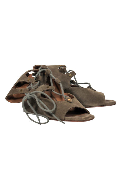 Current Boutique-Chloe - Olive Suede Lace-Up Wedge Sandals Sz 7