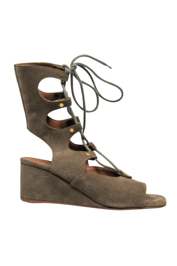 Current Boutique-Chloe - Olive Suede Lace-Up Wedge Sandals Sz 7
