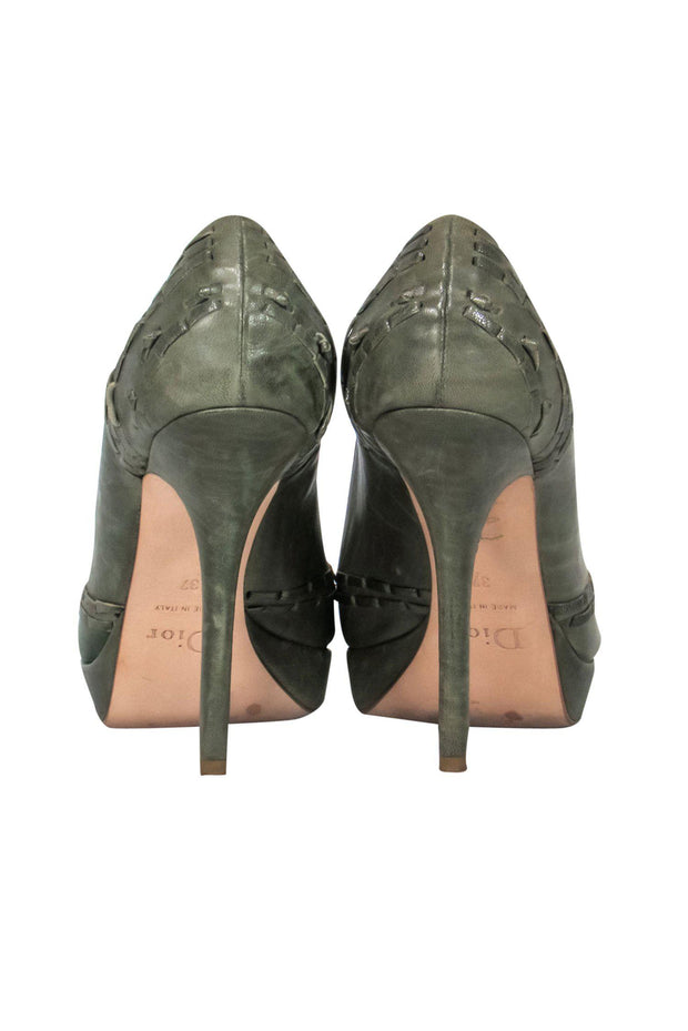 Current Boutique-Christian Dior - Metallic Olive Green Leather Peep Toe Pumps Sz 7