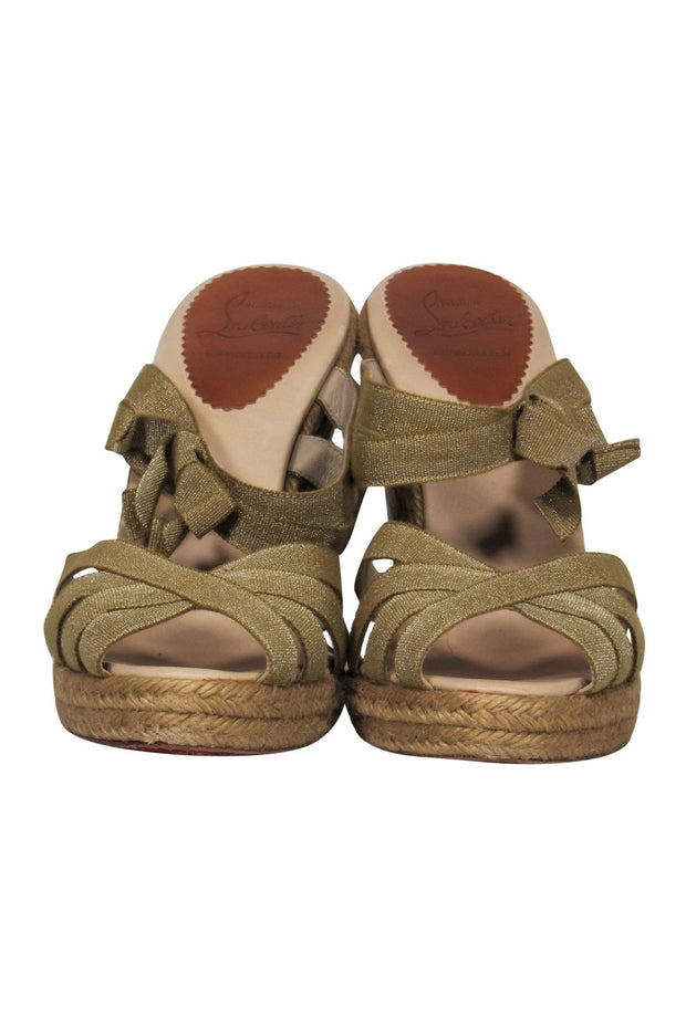 Current Boutique-Christian Louboutin - Gold Sparkly Woven Wedges w/ Bow Sz 10