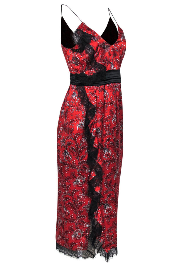Current Boutique-Cinq a Sept - Red Floral Paisley Satin Slip Dress w/ Ruffled Lace Sz 4