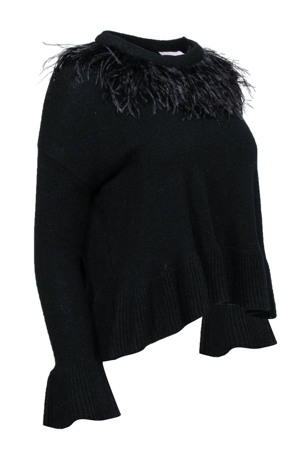 Current Boutique-Cinq a Sept - Black Wool Blend Ribbed Knit Sweater w/ Feathers Sz XS