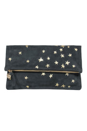 Current Boutique-Clare V. - Grey Suede Pouch w/ Metallic Gold Stars and Zippered Top