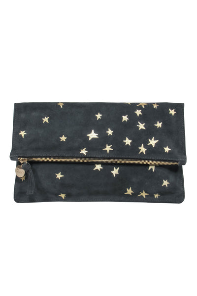 Current Boutique-Clare V. - Grey Suede Pouch w/ Metallic Gold Stars and Zippered Top
