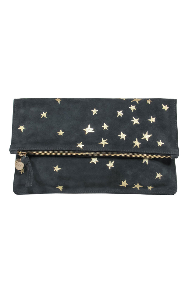 Current Boutique-Clare V. - Grey Suede Pouch w/ Metallic Gold Stars and Zippered Top