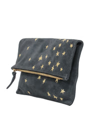 Current Boutique-Clare V. - Grey Suede Pouch w/ Metallic Gold Stars and Zippered Top