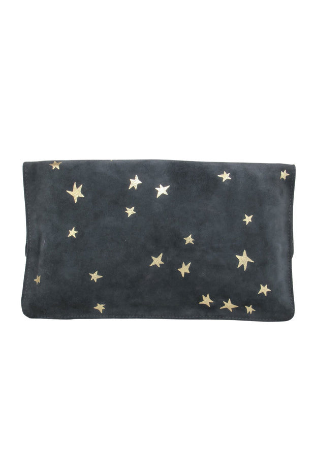 Current Boutique-Clare V. - Grey Suede Pouch w/ Metallic Gold Stars and Zippered Top