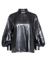 Current Boutique-Closed - Silver Balloon Sleeve Mock Neck Blouse Sz M