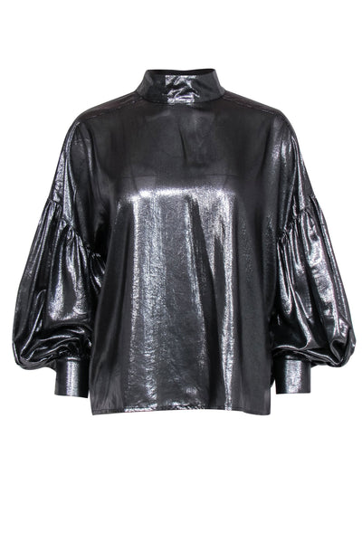 Current Boutique-Closed - Silver Balloon Sleeve Mock Neck Blouse Sz M