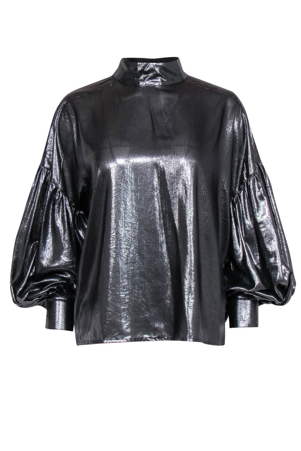 Current Boutique-Closed - Silver Balloon Sleeve Mock Neck Blouse Sz M