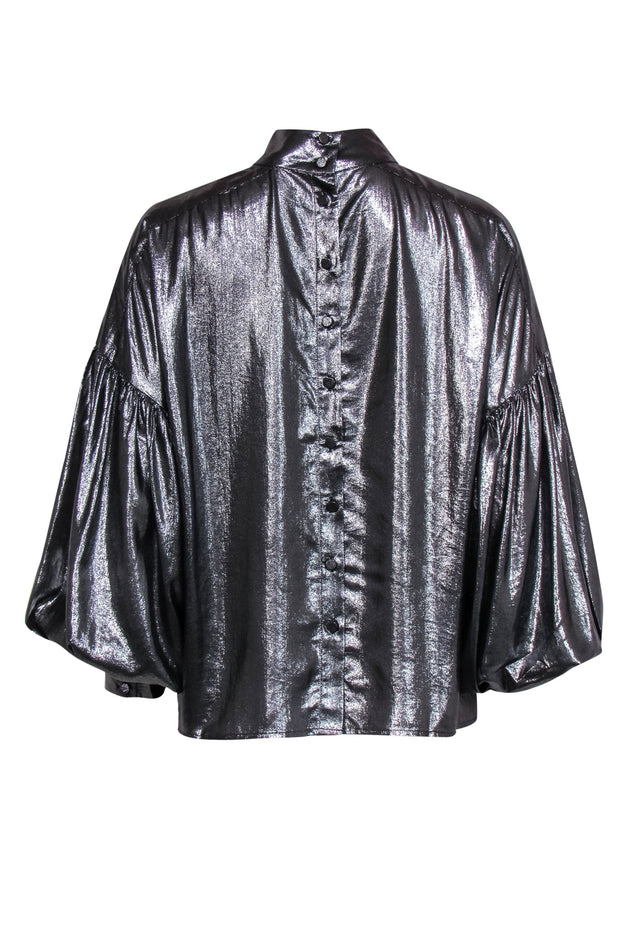 Current Boutique-Closed - Silver Balloon Sleeve Mock Neck Blouse Sz M