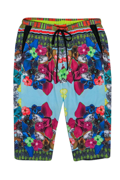 Current Boutique-Clover Canyon - Blue & Multicolored Floral & Diamond Print Cropped Drawstring Pants Sz M
