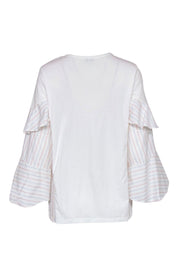 Current Boutique-Clu - White Long Sleeve Blouse w/ Ruffle Striped Sleeves Sz S