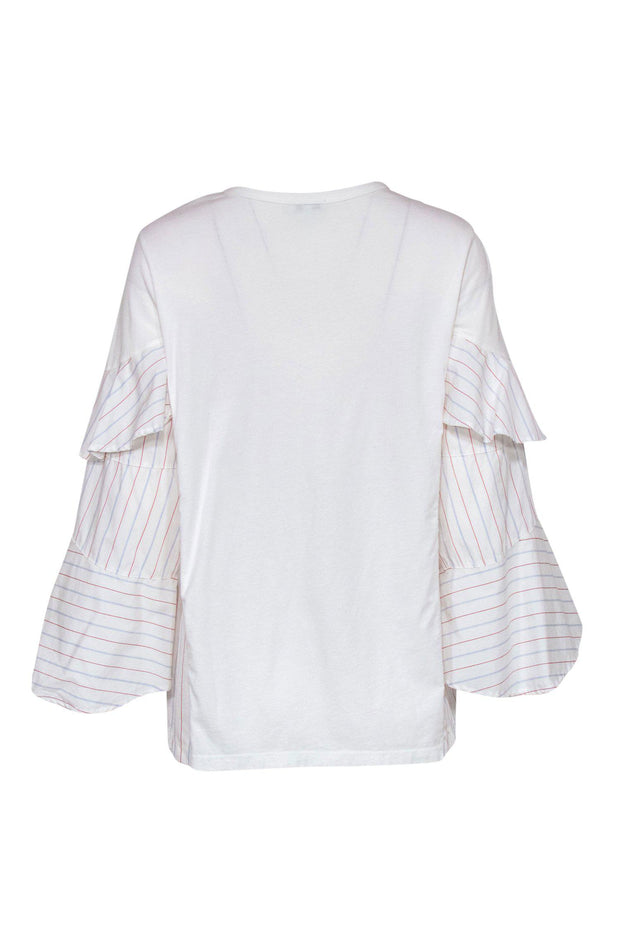 Current Boutique-Clu - White Long Sleeve Blouse w/ Ruffle Striped Sleeves Sz S