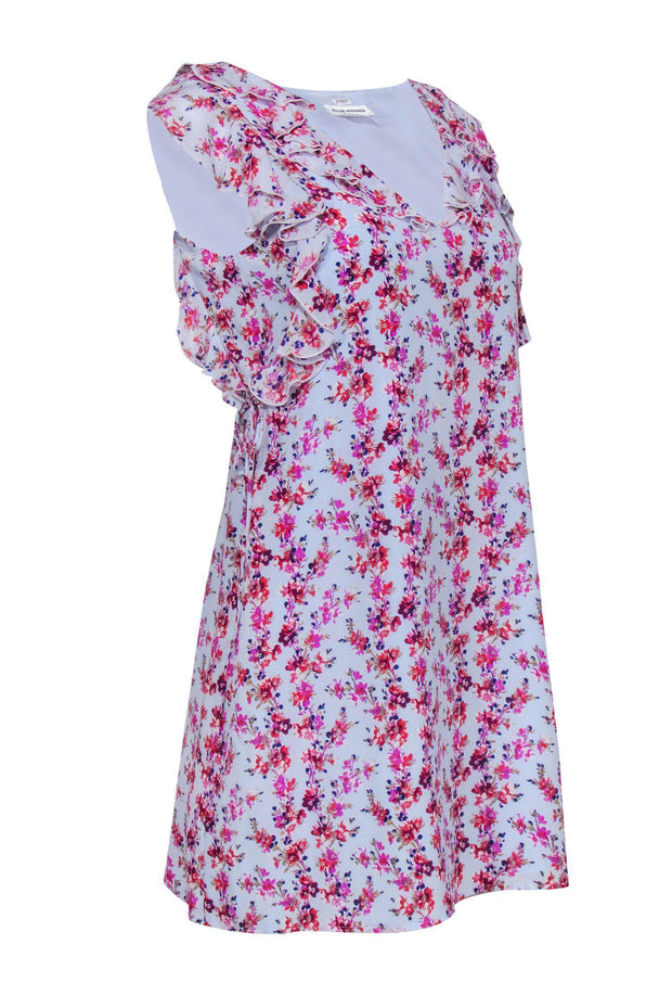 Current Boutique-Club Monaco - Light Blue & Multicolored Floral Print Ruffle Silk Shift Dress Sz 00