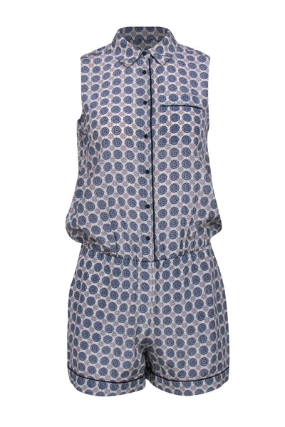 Current Boutique-Club Monaco - White, Blue & Blush Bohemian Print Half Button-Up Sleeveless Romper Sz 0