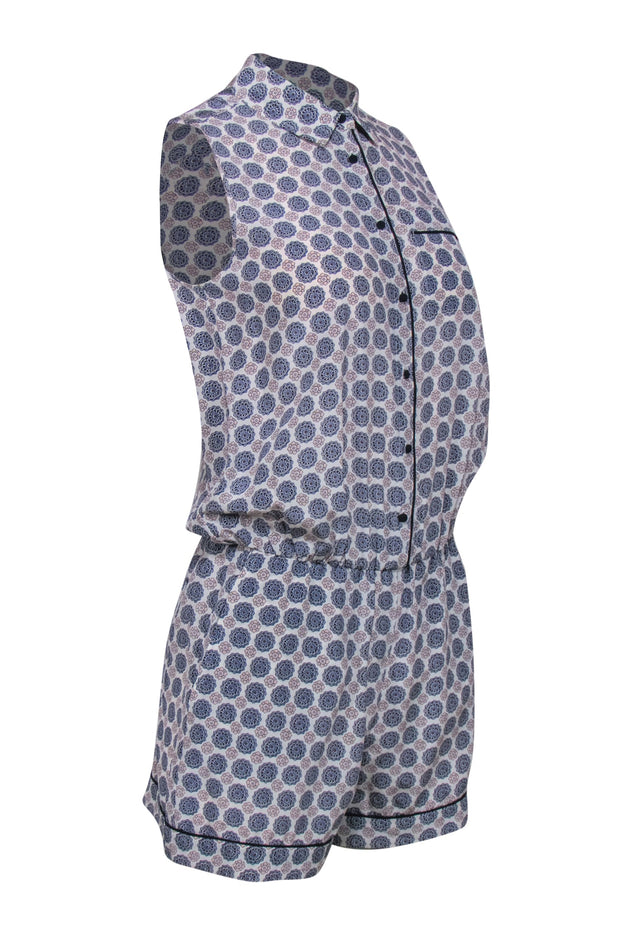 Current Boutique-Club Monaco - White, Blue & Blush Bohemian Print Half Button-Up Sleeveless Romper Sz 0