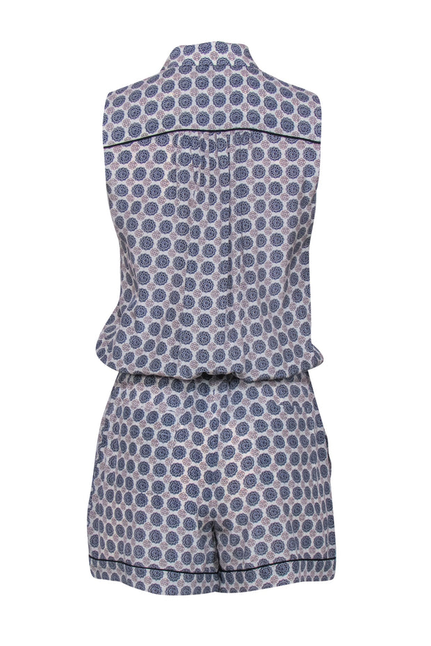 Current Boutique-Club Monaco - White, Blue & Blush Bohemian Print Half Button-Up Sleeveless Romper Sz 0
