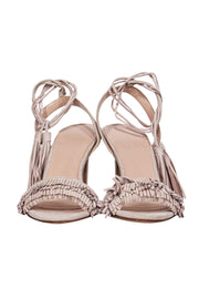 Current Boutique-Club Monaco - Beige Suede Ankle Tie Open Toe Pumps w/ Fringe Sz 9