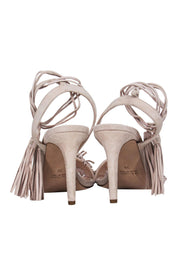 Current Boutique-Club Monaco - Beige Suede Ankle Tie Open Toe Pumps w/ Fringe Sz 9