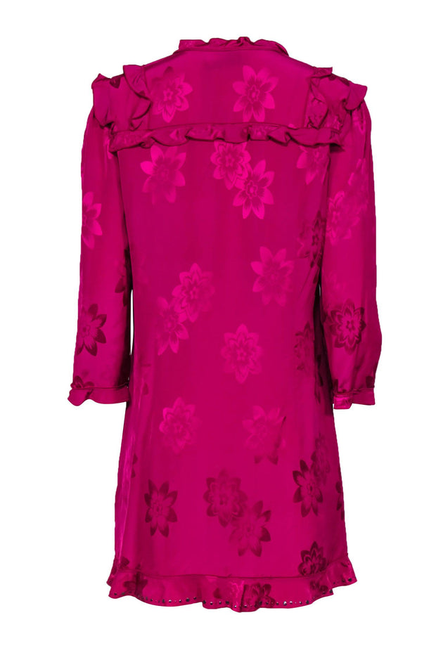 Current Boutique-Coach - Fuchsia Satin Floral Textured Peasant Dress w/ Ruffles Sz 10