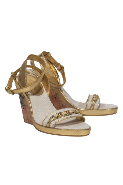 Current Boutique-Coach - Gold & Beige Metallic Sparkly Wedges w/ Chain & Floral Logo Graphic Sz 8