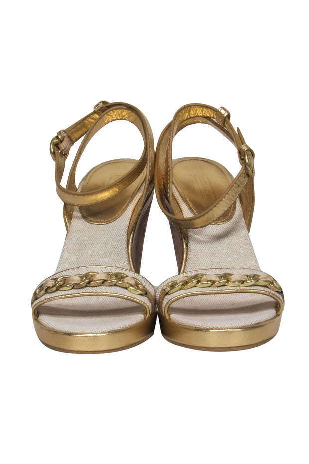 Current Boutique-Coach - Gold & Beige Metallic Sparkly Wedges w/ Chain & Floral Logo Graphic Sz 8