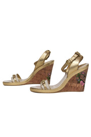 Current Boutique-Coach - Gold & Beige Metallic Sparkly Wedges w/ Chain & Floral Logo Graphic Sz 8