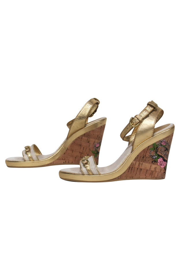 Current Boutique-Coach - Gold & Beige Metallic Sparkly Wedges w/ Chain & Floral Logo Graphic Sz 8