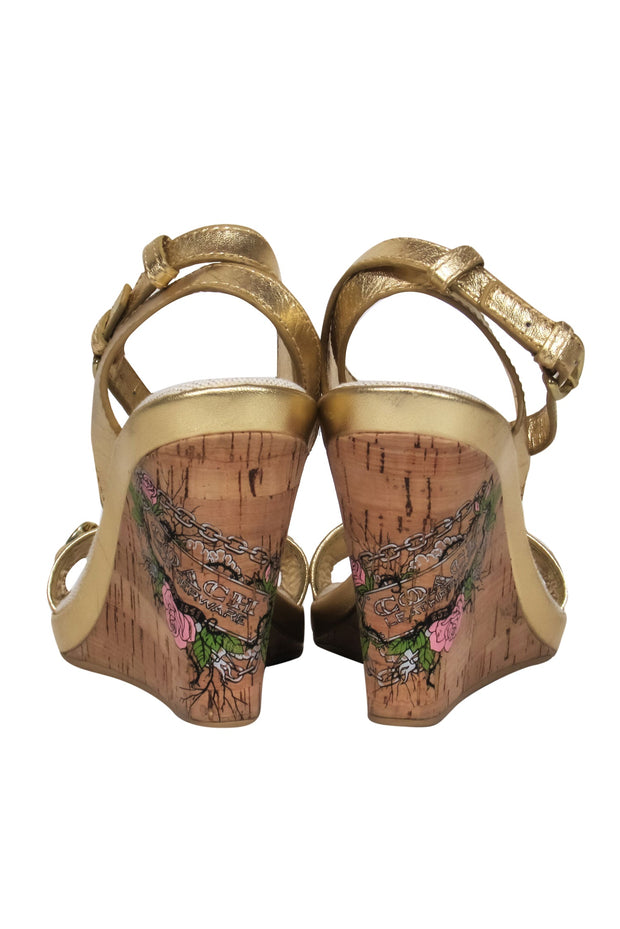 Current Boutique-Coach - Gold & Beige Metallic Sparkly Wedges w/ Chain & Floral Logo Graphic Sz 8