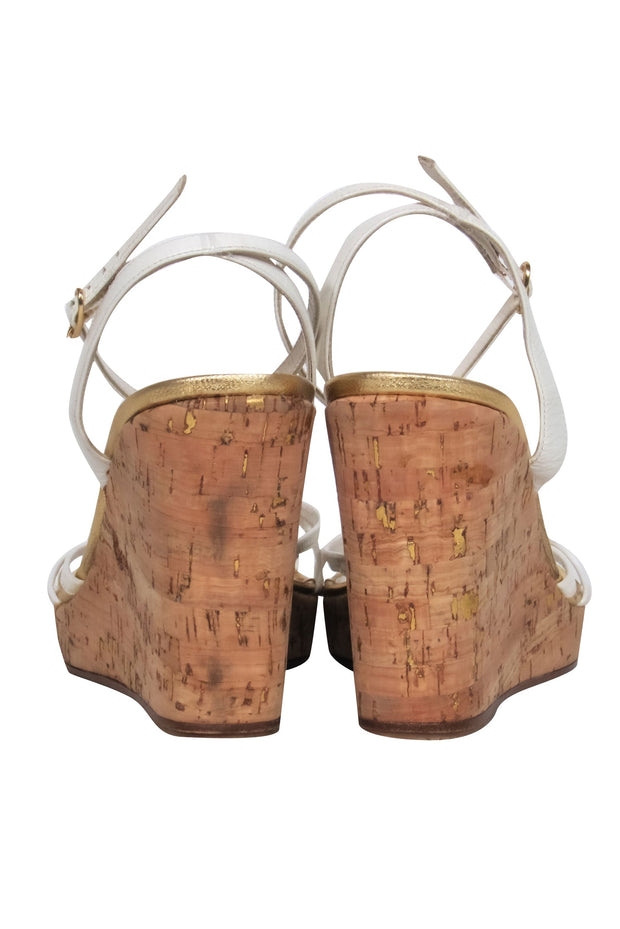 Current Boutique-Coach - Ivory Leather Strappy Cork Wedge Heels Sz 8.5