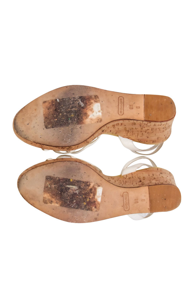 Current Boutique-Coach - Ivory Leather Strappy Cork Wedge Heels Sz 8.5