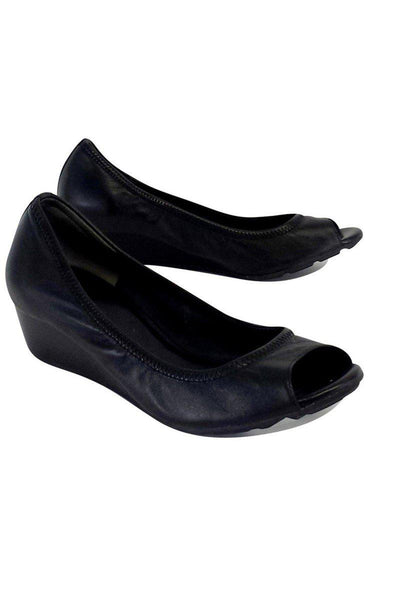 Current Boutique-Cole Haan - Black Leather Air Taili Peep Toe Wedges Sz 6.5