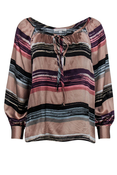 Current Boutique-Corey Lynn Calter - Tan & Purple Striped Silk Peasant Top Sz 2