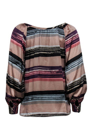 Current Boutique-Corey Lynn Calter - Tan & Purple Striped Silk Peasant Top Sz 2