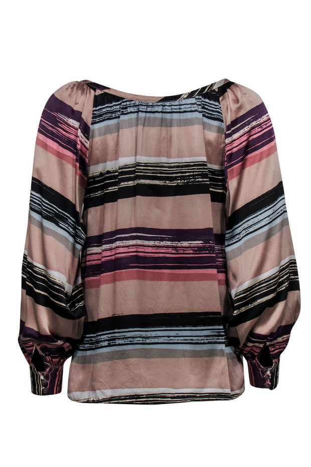 Current Boutique-Corey Lynn Calter - Tan & Purple Striped Silk Peasant Top Sz 2