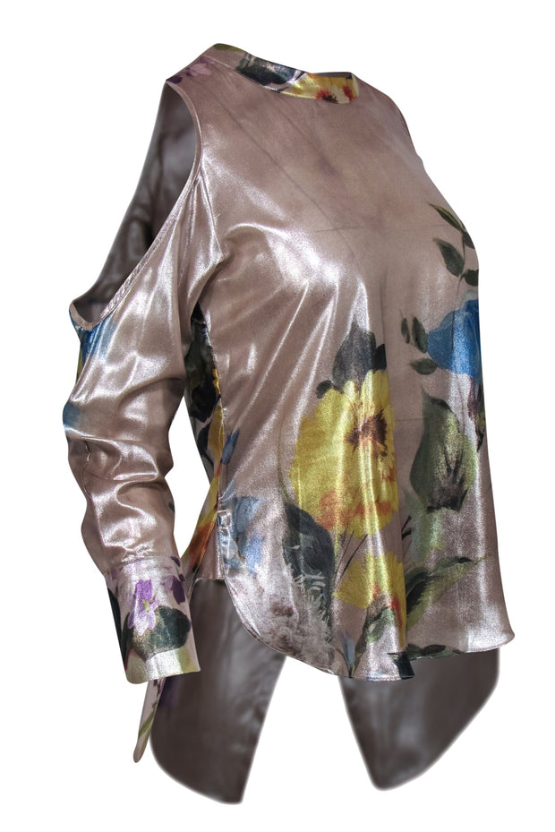 Current Boutique-Daniela Corte - Gold Metallic Cold Shoulder Floral Blouse Sz 4