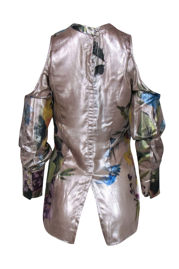 Current Boutique-Daniela Corte - Gold Metallic Cold Shoulder Floral Blouse Sz 4