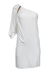 Current Boutique-David Meister - White One-Shoulder Shift Dress w/ Gold Studs Sz 4