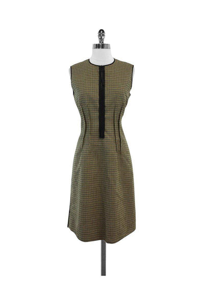 Current Boutique-Derek Lam - Tan & Green Houndstooth Wool Sleeveless Dress Sz 6