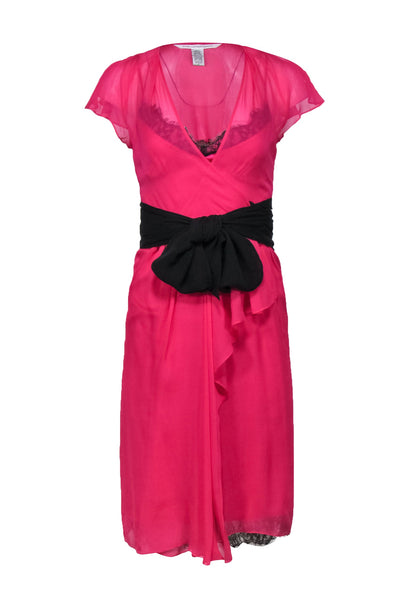 Current Boutique-Diane von Furstenberg - Lace Trim Hot Pink Silk Wrap Dress Sz 0