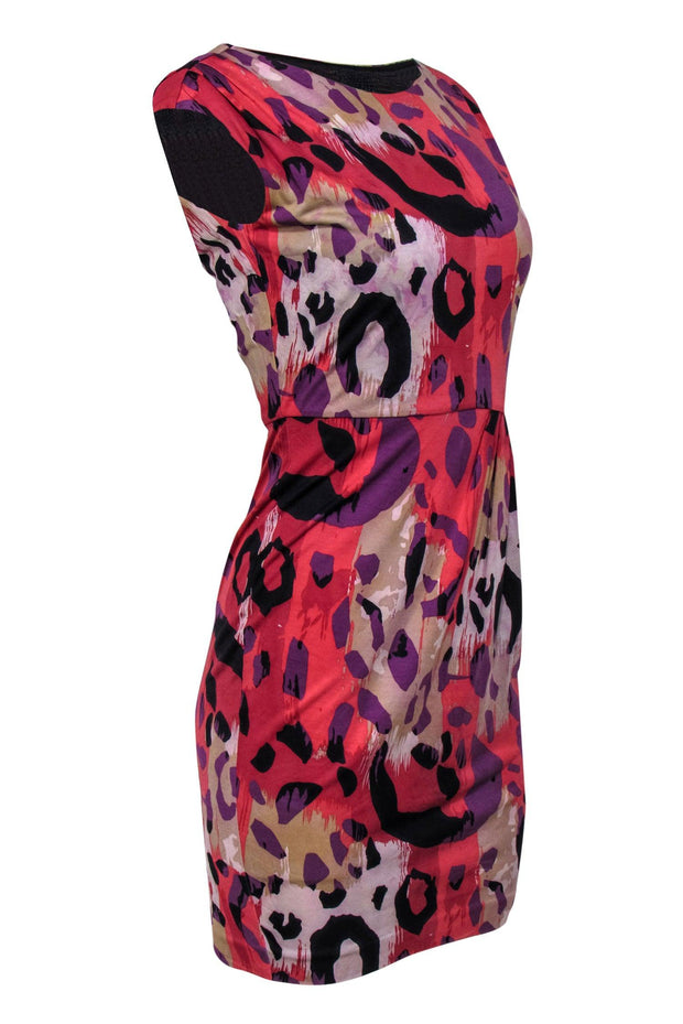 Current Boutique-Diane von Furstenberg - Pink & Multicolor Abstract Leopard Print Silk Sheath Dress Sz 2