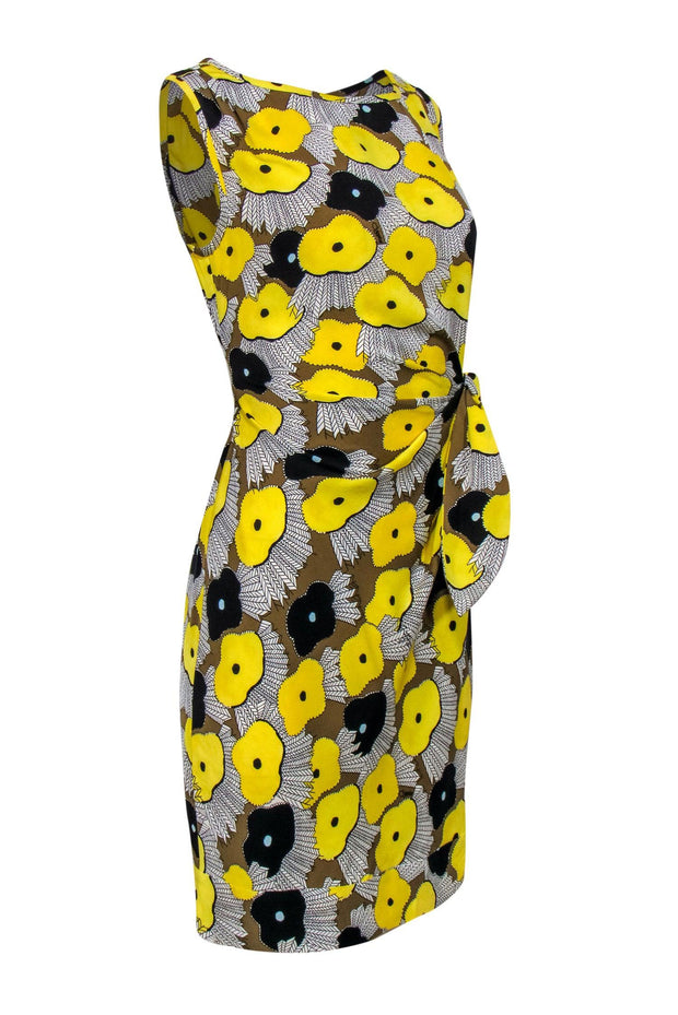 Current Boutique-Diane von Furstenberg - Yellow & Multicolor Printed Silk Sheath Dress w/ Tie Sz 4