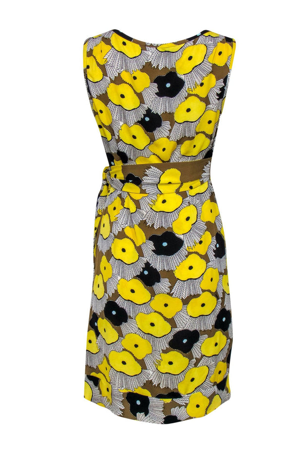 Current Boutique-Diane von Furstenberg - Yellow & Multicolor Printed Silk Sheath Dress w/ Tie Sz 4